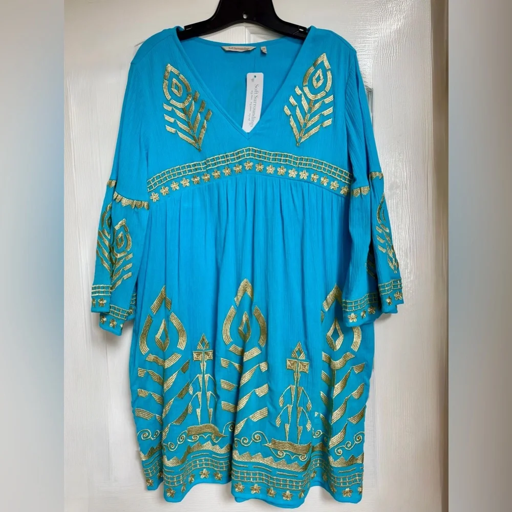 NWT Soft Surroundings Embroidered Tunic Dress Turquoise Gold Gauze Boho MP - Picture 2 of 9